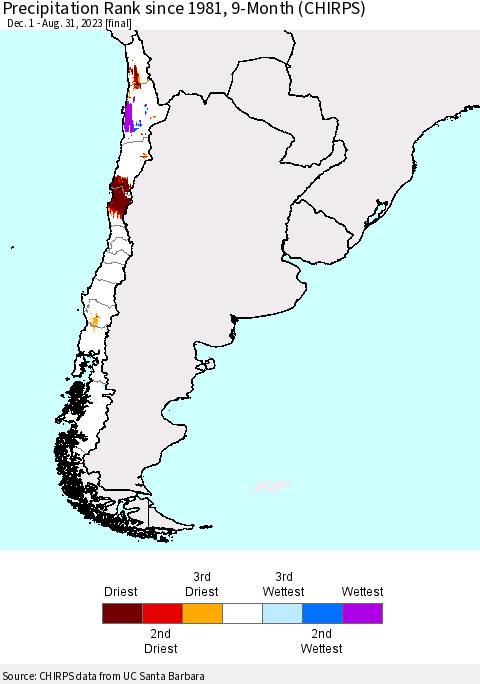 Chile Precipitation Rank since 1981, 9-Month (CHIRPS) Thematic Map For 12/1/2022 - 8/31/2023