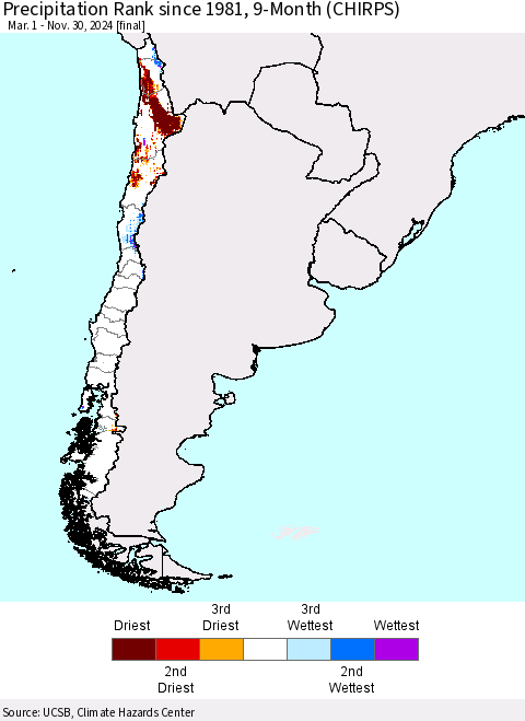 Chile Precipitation Rank since 1981, 9-Month (CHIRPS) Thematic Map For 3/1/2024 - 11/30/2024