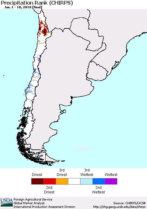 Chile Precipitation Rank since 1981 (CHIRPS) Thematic Map For 1/1/2018 - 1/10/2018