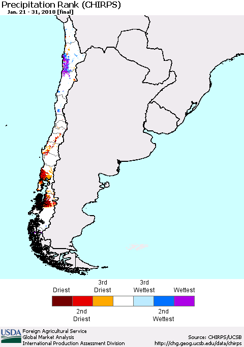 Chile Precipitation Rank since 1981 (CHIRPS) Thematic Map For 1/21/2018 - 1/31/2018