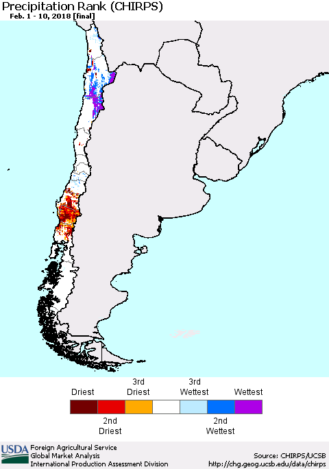Chile Precipitation Rank since 1981 (CHIRPS) Thematic Map For 2/1/2018 - 2/10/2018
