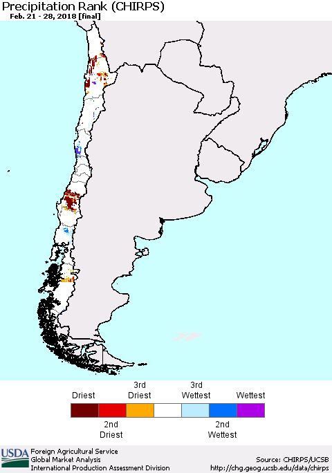 Chile Precipitation Rank since 1981 (CHIRPS) Thematic Map For 2/21/2018 - 2/28/2018