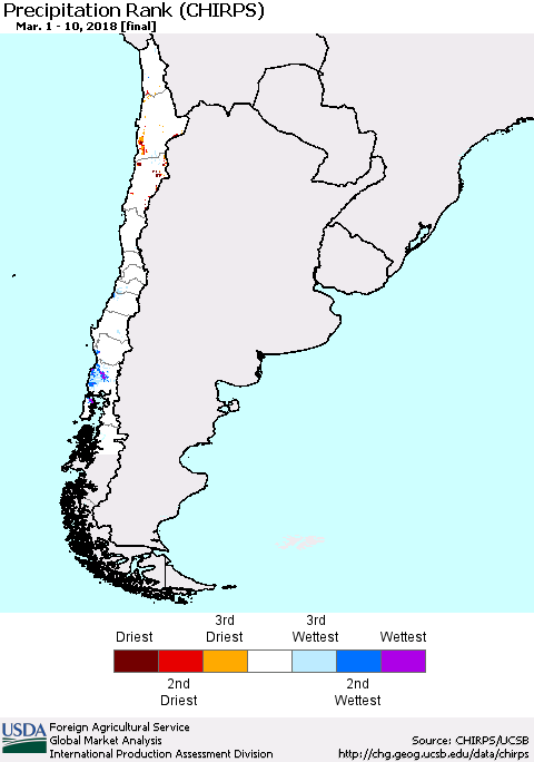 Chile Precipitation Rank since 1981 (CHIRPS) Thematic Map For 3/1/2018 - 3/10/2018