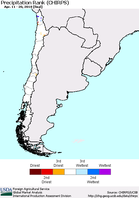Chile Precipitation Rank since 1981 (CHIRPS) Thematic Map For 4/11/2018 - 4/20/2018