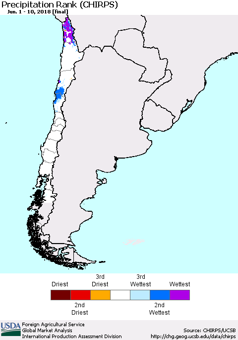 Chile Precipitation Rank since 1981 (CHIRPS) Thematic Map For 6/1/2018 - 6/10/2018