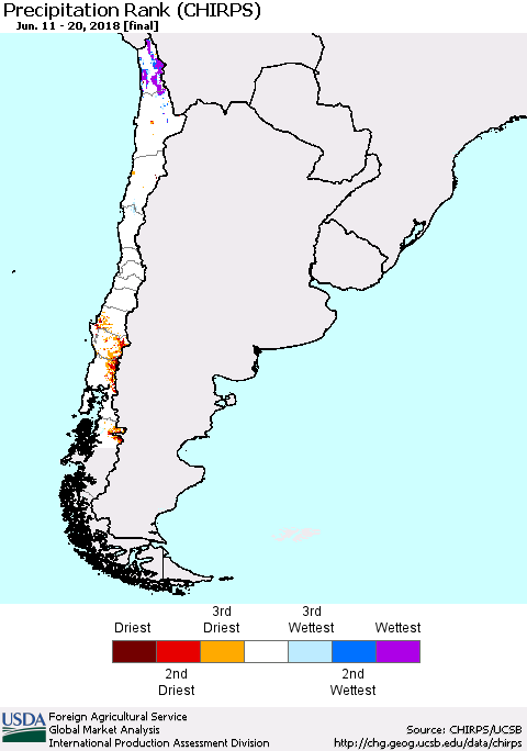 Chile Precipitation Rank since 1981 (CHIRPS) Thematic Map For 6/11/2018 - 6/20/2018