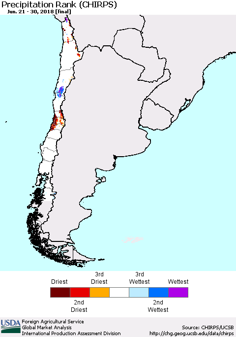 Chile Precipitation Rank since 1981 (CHIRPS) Thematic Map For 6/21/2018 - 6/30/2018