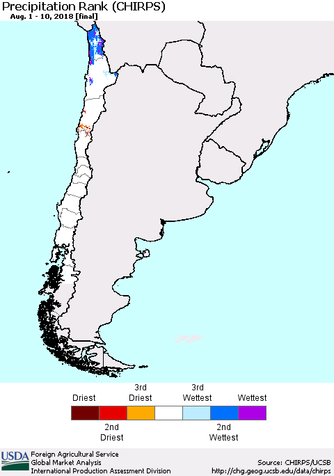Chile Precipitation Rank since 1981 (CHIRPS) Thematic Map For 8/1/2018 - 8/10/2018