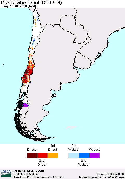 Chile Precipitation Rank since 1981 (CHIRPS) Thematic Map For 9/1/2018 - 9/10/2018