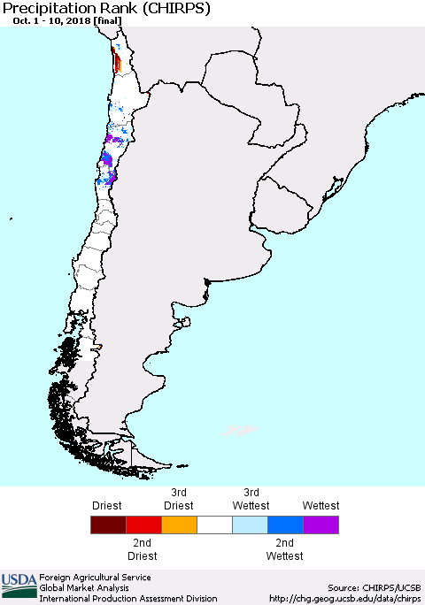 Chile Precipitation Rank since 1981 (CHIRPS) Thematic Map For 10/1/2018 - 10/10/2018