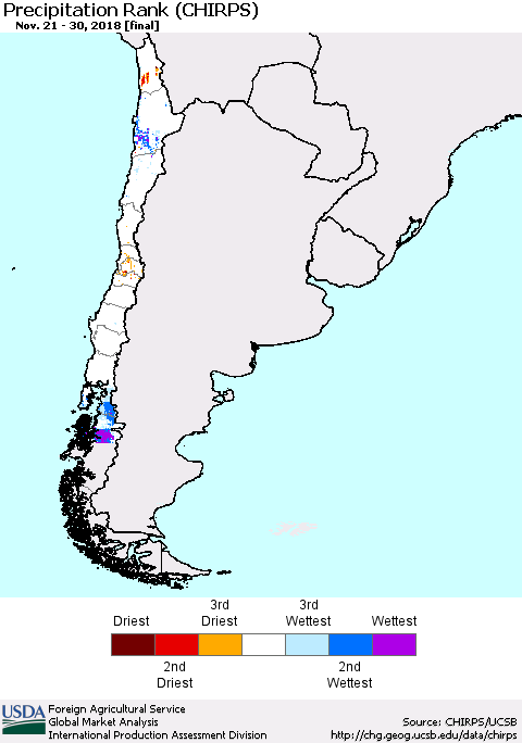 Chile Precipitation Rank since 1981 (CHIRPS) Thematic Map For 11/21/2018 - 11/30/2018