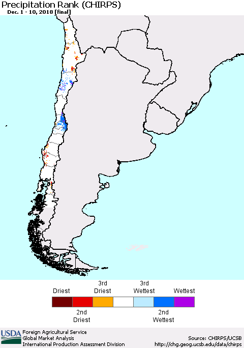 Chile Precipitation Rank since 1981 (CHIRPS) Thematic Map For 12/1/2018 - 12/10/2018