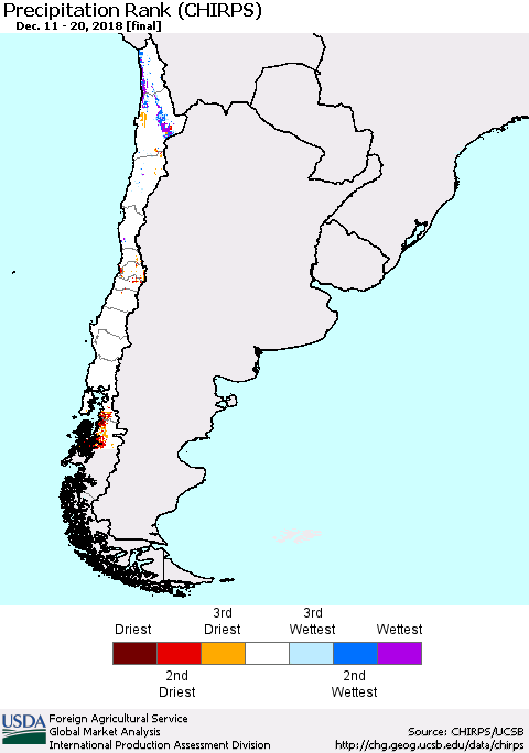 Chile Precipitation Rank since 1981 (CHIRPS) Thematic Map For 12/11/2018 - 12/20/2018