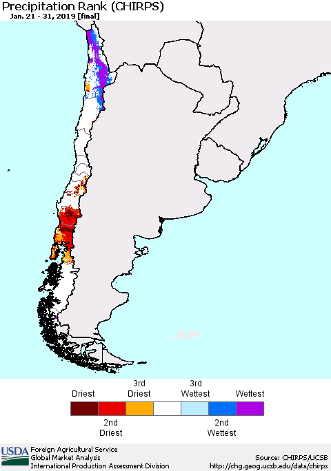 Chile Precipitation Rank since 1981 (CHIRPS) Thematic Map For 1/21/2019 - 1/31/2019