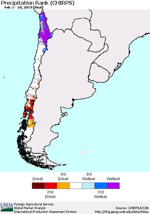 Chile Precipitation Rank since 1981 (CHIRPS) Thematic Map For 2/1/2019 - 2/10/2019