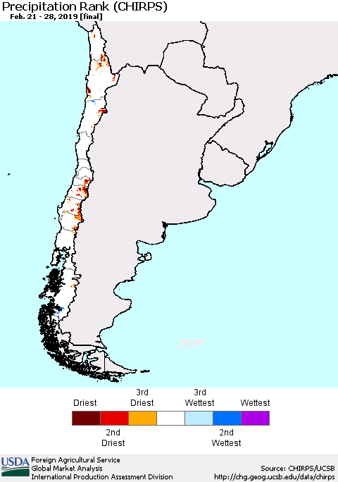 Chile Precipitation Rank since 1981 (CHIRPS) Thematic Map For 2/21/2019 - 2/28/2019