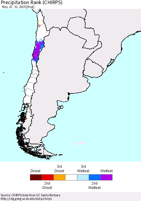 Chile Precipitation Rank since 1981 (CHIRPS) Thematic Map For 5/21/2019 - 5/31/2019