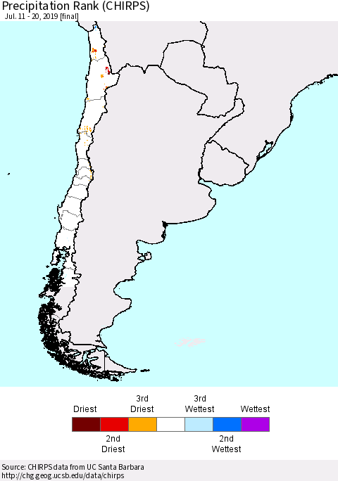 Chile Precipitation Rank (CHIRPS) Thematic Map For 7/11/2019 - 7/20/2019