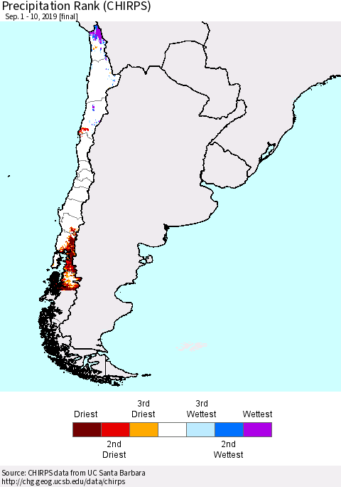 Chile Precipitation Rank since 1981 (CHIRPS) Thematic Map For 9/1/2019 - 9/10/2019