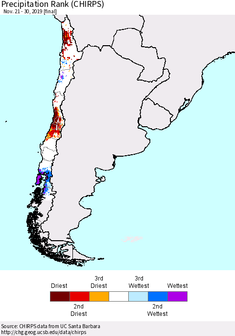Chile Precipitation Rank since 1981 (CHIRPS) Thematic Map For 11/21/2019 - 11/30/2019