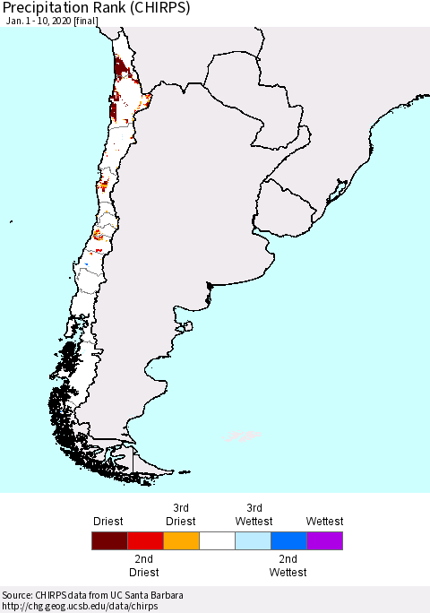 Chile Precipitation Rank since 1981 (CHIRPS) Thematic Map For 1/1/2020 - 1/10/2020