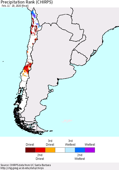Chile Precipitation Rank (CHIRPS) Thematic Map For 2/11/2020 - 2/20/2020