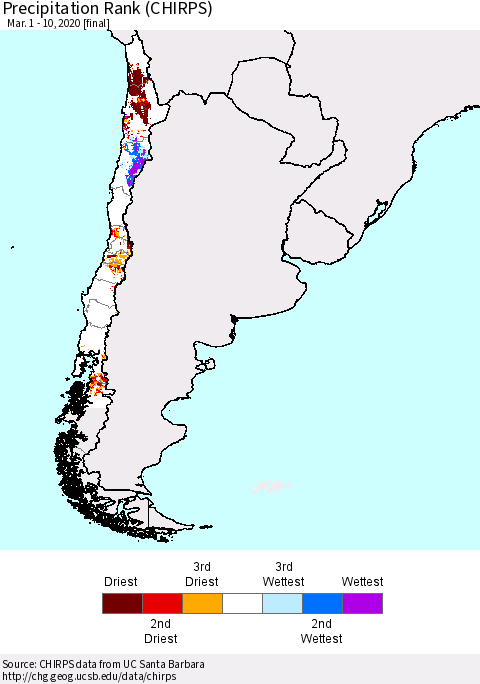 Chile Precipitation Rank since 1981 (CHIRPS) Thematic Map For 3/1/2020 - 3/10/2020