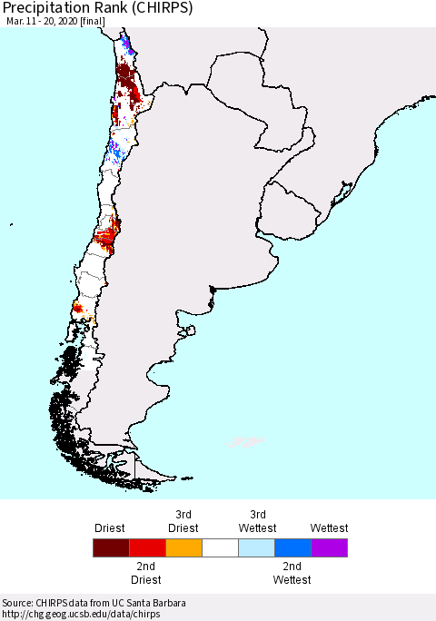 Chile Precipitation Rank (CHIRPS) Thematic Map For 3/11/2020 - 3/20/2020