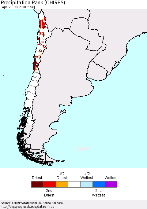 Chile Precipitation Rank (CHIRPS) Thematic Map For 4/21/2020 - 4/30/2020
