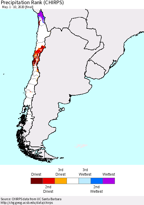 Chile Precipitation Rank (CHIRPS) Thematic Map For 5/1/2020 - 5/10/2020