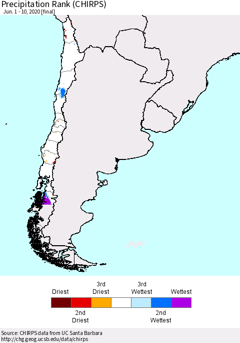 Chile Precipitation Rank since 1981 (CHIRPS) Thematic Map For 6/1/2020 - 6/10/2020