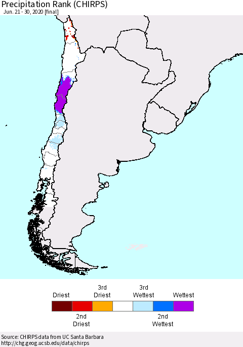 Chile Precipitation Rank since 1981 (CHIRPS) Thematic Map For 6/21/2020 - 6/30/2020