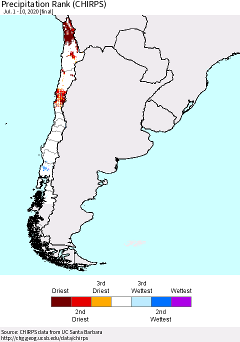 Chile Precipitation Rank since 1981 (CHIRPS) Thematic Map For 7/1/2020 - 7/10/2020