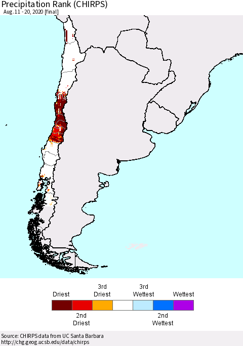 Chile Precipitation Rank (CHIRPS) Thematic Map For 8/11/2020 - 8/20/2020