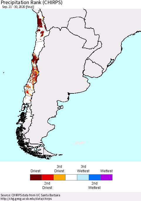 Chile Precipitation Rank since 1981 (CHIRPS) Thematic Map For 9/21/2020 - 9/30/2020