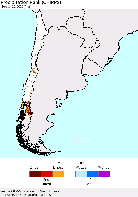 Chile Precipitation Rank (CHIRPS) Thematic Map For 12/1/2020 - 12/10/2020