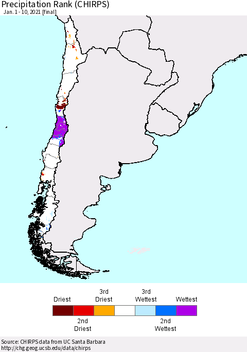 Chile Precipitation Rank since 1981 (CHIRPS) Thematic Map For 1/1/2021 - 1/10/2021