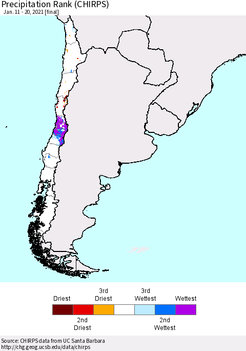 Chile Precipitation Rank since 1981 (CHIRPS) Thematic Map For 1/11/2021 - 1/20/2021