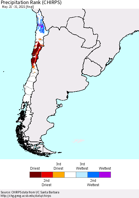 Chile Precipitation Rank since 1981 (CHIRPS) Thematic Map For 5/21/2021 - 5/31/2021
