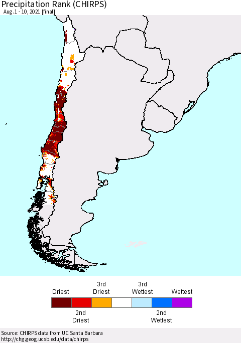 Chile Precipitation Rank (CHIRPS) Thematic Map For 8/1/2021 - 8/10/2021
