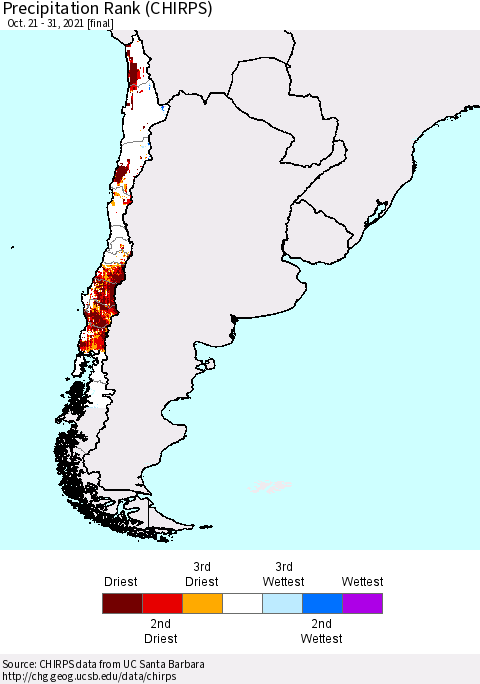 Chile Precipitation Rank since 1981 (CHIRPS) Thematic Map For 10/21/2021 - 10/31/2021