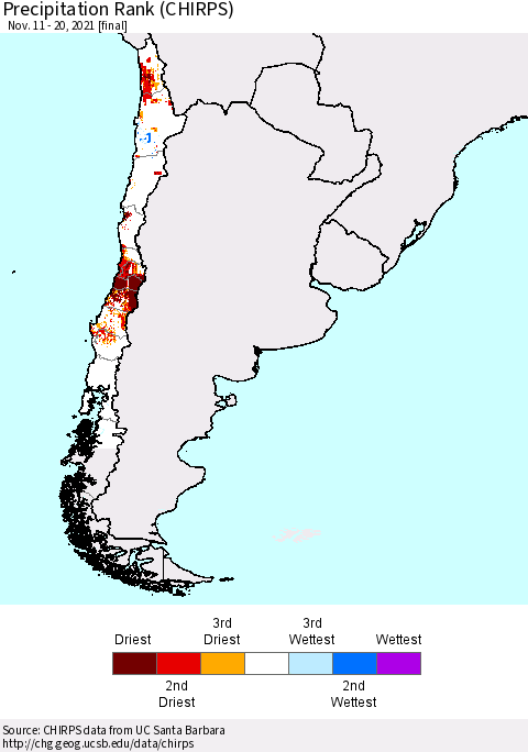 Chile Precipitation Rank since 1981 (CHIRPS) Thematic Map For 11/11/2021 - 11/20/2021