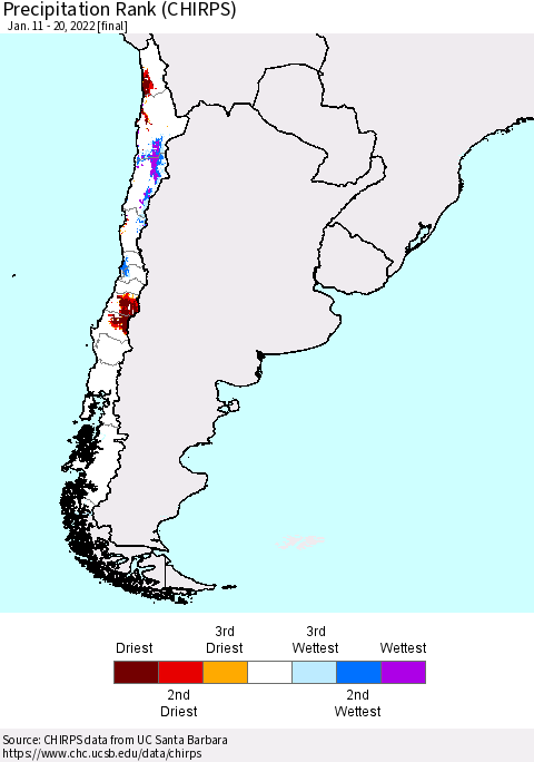 Chile Precipitation Rank (CHIRPS) Thematic Map For 1/11/2022 - 1/20/2022