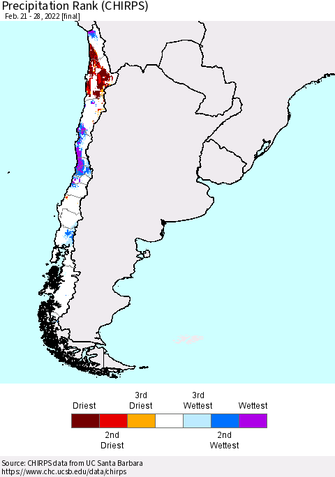Chile Precipitation Rank since 1981 (CHIRPS) Thematic Map For 2/21/2022 - 2/28/2022