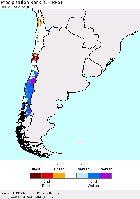 Chile Precipitation Rank since 1981 (CHIRPS) Thematic Map For 4/21/2022 - 4/30/2022