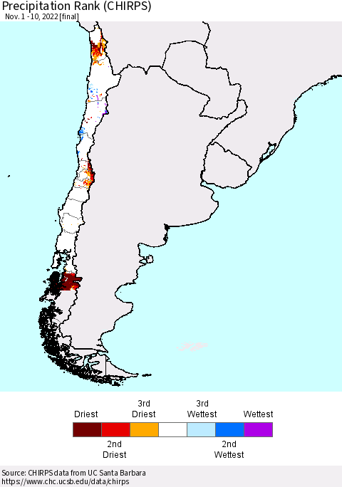 Chile Precipitation Rank since 1981 (CHIRPS) Thematic Map For 11/1/2022 - 11/10/2022