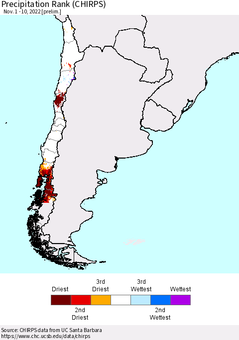 Chile Precipitation Rank (CHIRPS) Thematic Map For 11/1/2022 - 11/10/2022
