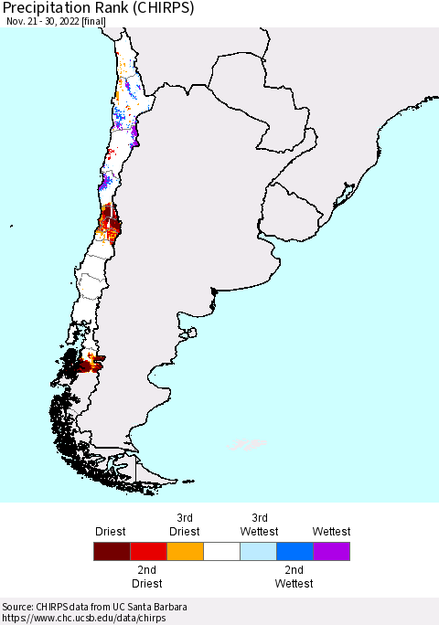 Chile Precipitation Rank (CHIRPS) Thematic Map For 11/21/2022 - 11/30/2022
