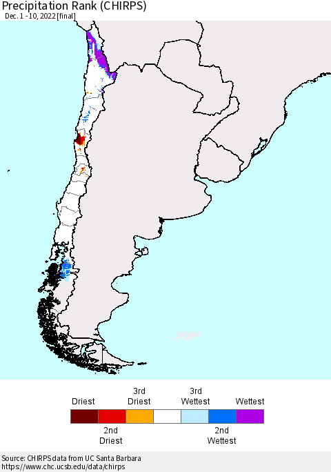 Chile Precipitation Rank since 1981 (CHIRPS) Thematic Map For 12/1/2022 - 12/10/2022