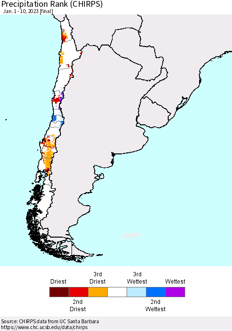 Chile Precipitation Rank (CHIRPS) Thematic Map For 1/1/2023 - 1/10/2023
